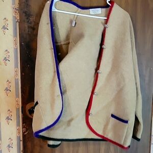 Button up sweater tan purple and red